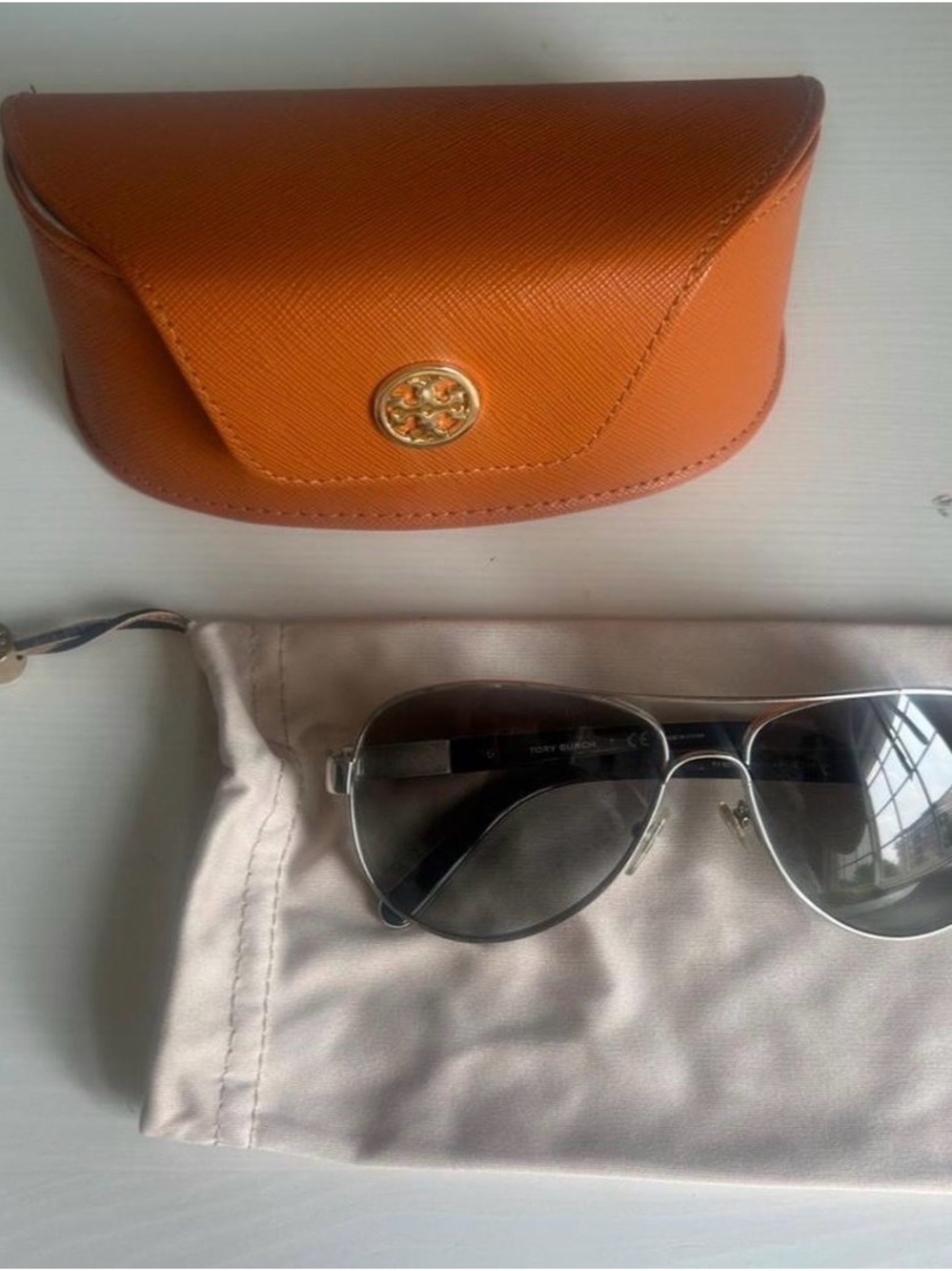 Tory Burch Silver Aviator Sunglasses with Orange Logo Case
